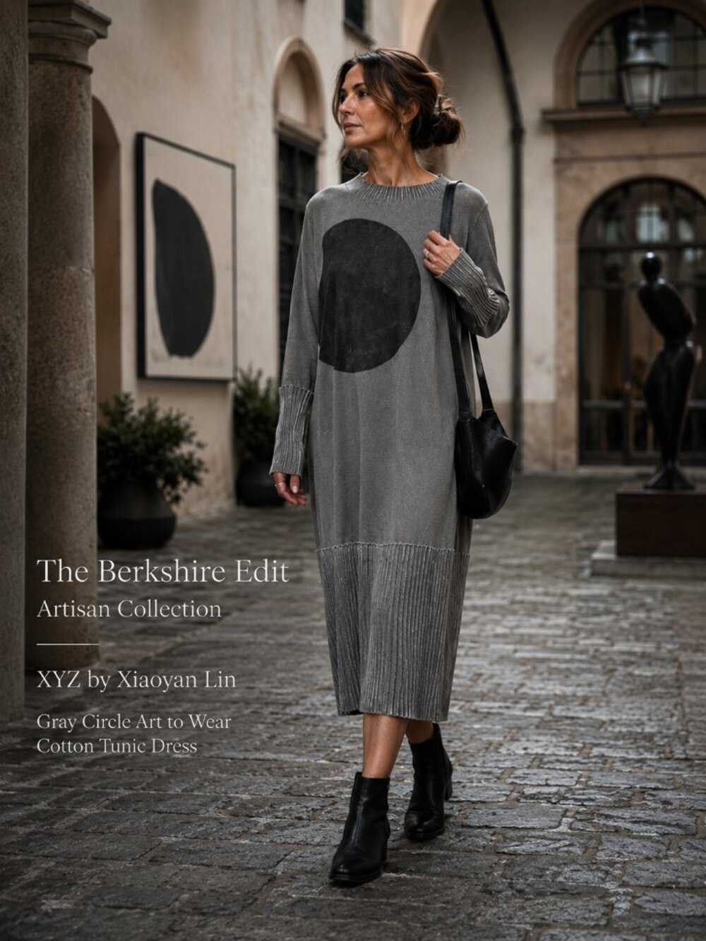 XYZ by Xiaoyan Lin Gray Circle Art to Wear Cotton Tunic Dress Small